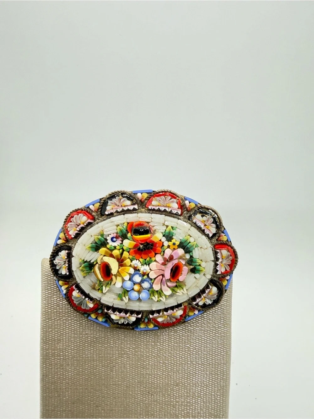 Vintage Italian Micro Mosaic Floral Brooch Oval Glass Tesserae C-Clasp Pin